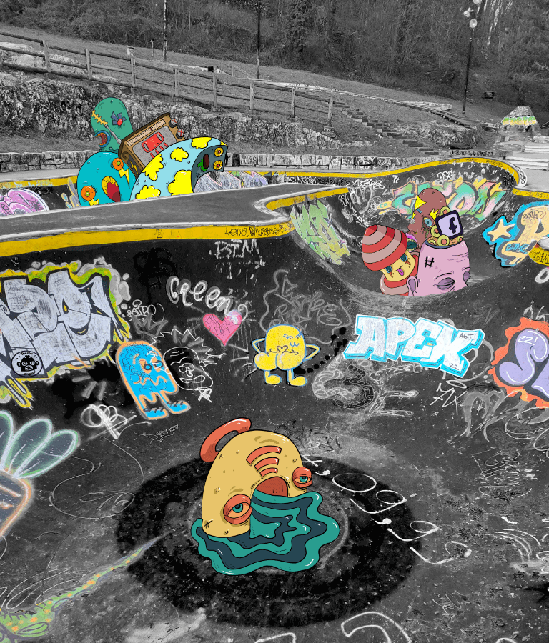 photo retravaillée du bowl d'annecy en noir et blanc avec les motifs artistiques de Thomas Pestre en couleur